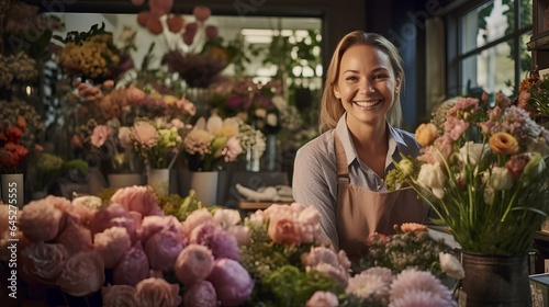 Fototapeta Naklejka Na Ścianę i Meble -  A smiling female florist among flowers and plants in her flower shop.