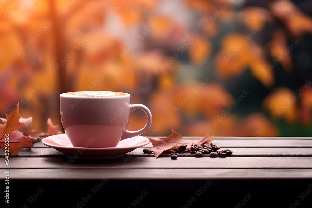 Herbstliche Kaffeepause: Tasse auf Holztisch im Herbstwald - obrazy, fototapety, plakaty 
