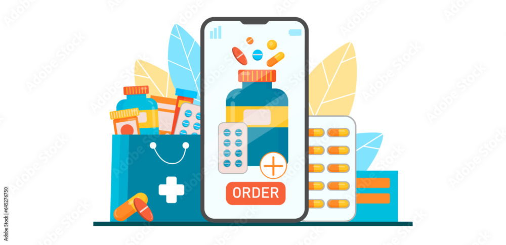 Online pharmacy illustration. Smartphone with ordering medical supplies, bottles and pills. Drug store online application concept. Pharmacy purchases. Vector illustration