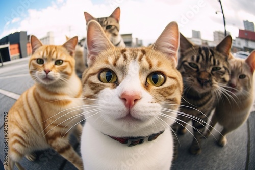 Cats taking a selfie on a blurred background. A group funny cats, Generative AI © Vilaysack