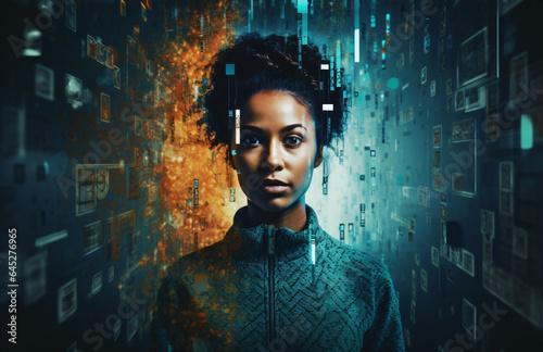 Portrait of a woman with technical hologram structures, hacker code