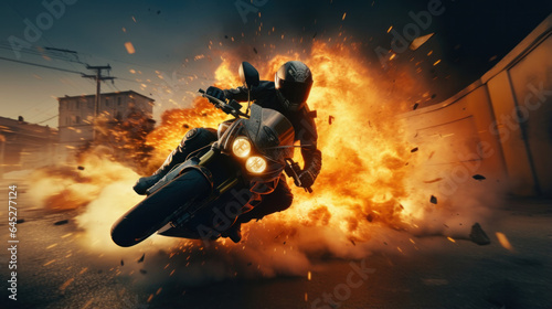High-Octane Pursuit: Action Movie Hero Escapes Police on Motorcycle, Explosions in the Background.