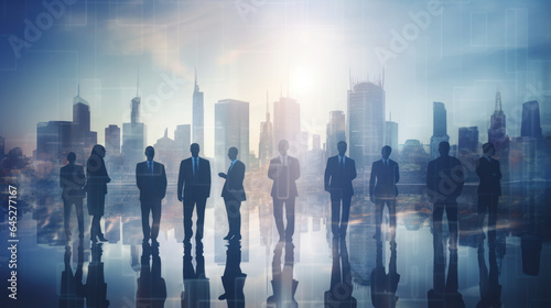 Cityscape Synergy: Double Exposure Silhouettes of a United Business Team on an Urban Canvas.