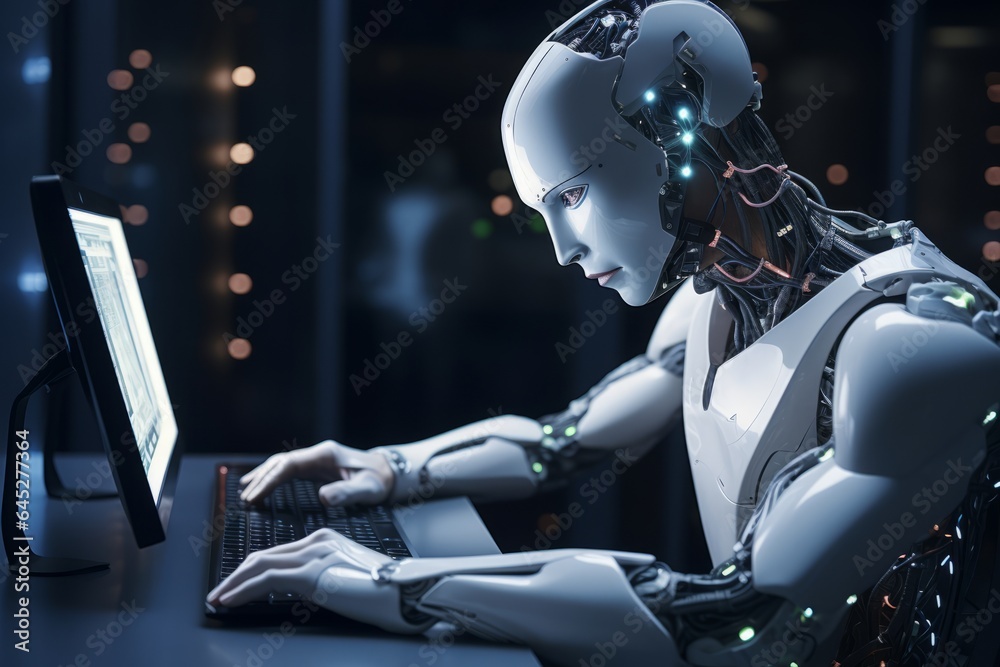the future of work: smart artificial android at pc, Generative AI the future of work: smart artificial android at pc, Generative AI