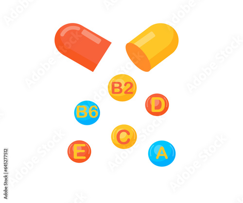 Vitamin complex of pill capsule and vitamins bubbles with names for dietary supplement and healthy lifestyle advertising design template. Vector A, B, C,D,E vitamins. Vector illustration