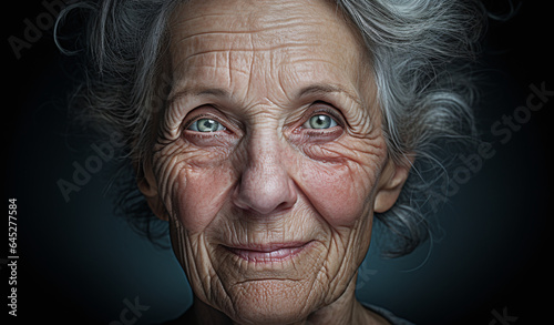 An old senior woman with winkles in a smile smirk expression looking at the camera
