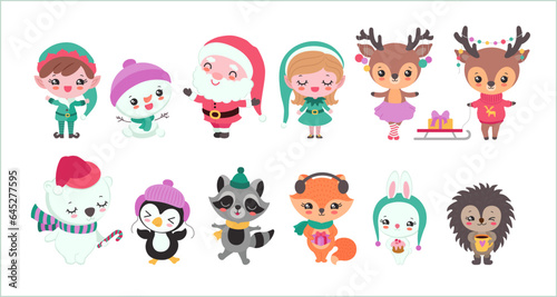 Cute Christmas characters clipart. Kawaii christmas icon set. Xmas festive collection cartoon vector illustration. Winter woodland animals. Kawaii santa claus, elves. reindeer, polar bear, penguin.