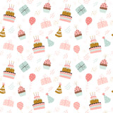 Happy birthday pattern. Cakes, balloons, gifts and party hats. Festive background in simple style, vector illustration