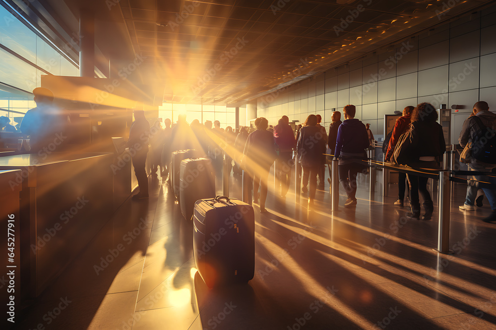 Busy day with a lot of people and luggage at airport ai generated art Busy day with a lot of people and luggage at airport ai generated art
