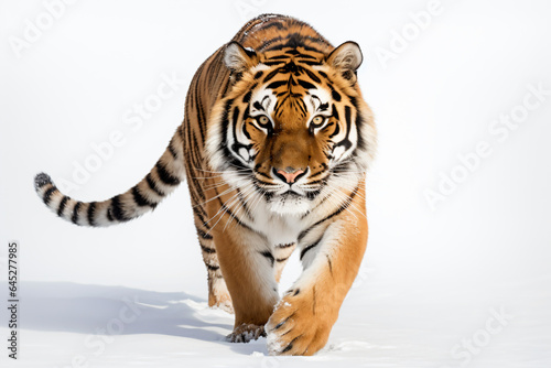 a tiger walking in the snow with a white background