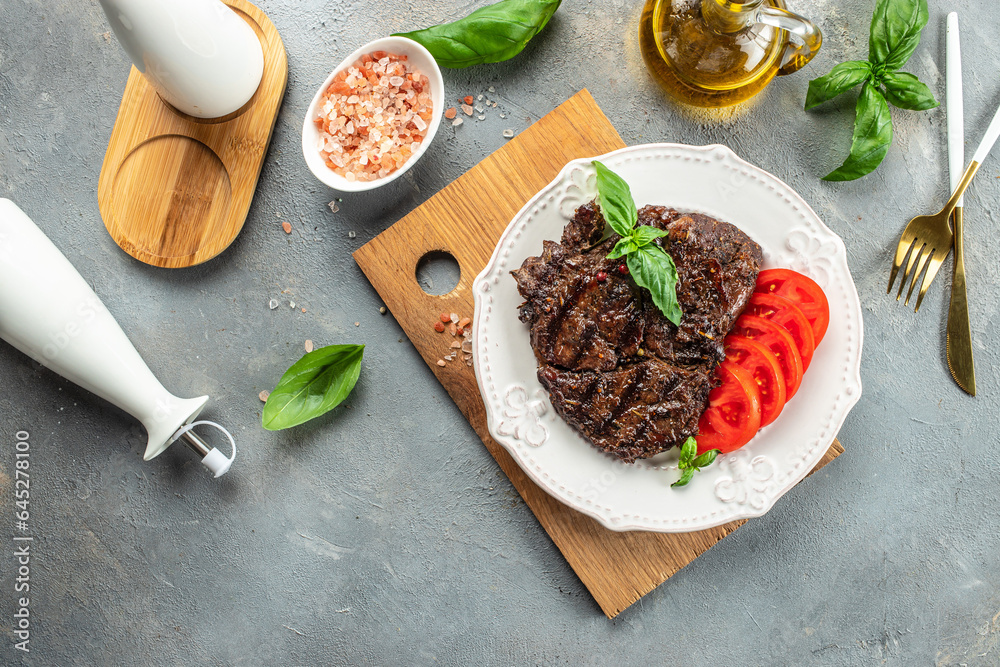 grilled beef fillet steak on plate. Concept healthy and balanced eating. place for text, top view grilled beef fillet steak on plate. Concept healthy and balanced eating. place for text, top view