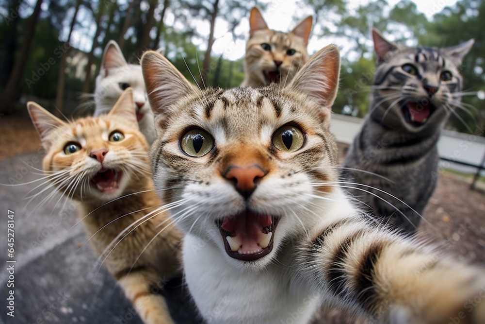 Cats taking a selfie on a blurred background. A group funny cats, Generative AI