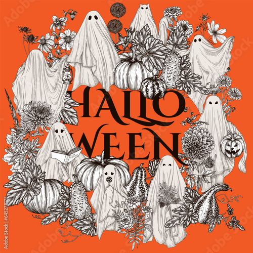 Vector template of halloween invitation with different ghosts in flowers and pumpkins in engraving style. Ghost with a book, with a lamp, with a bouquet, with a candy, with halloween pumpkin