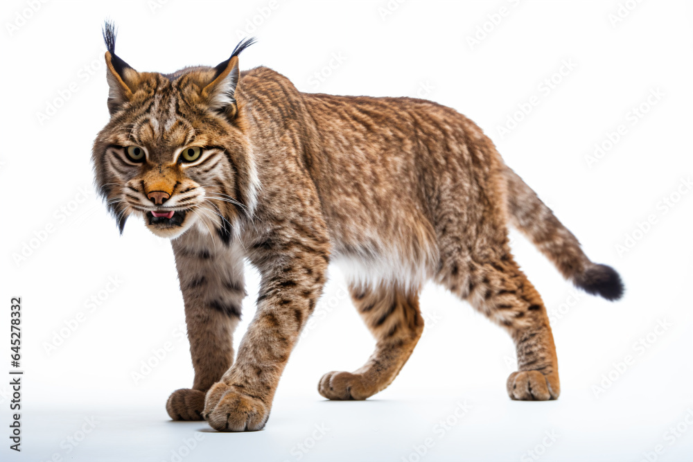 a lynx walking across a white surface