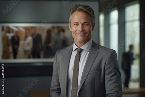Executive handsome businessman with gray posing and looking at the camera in the office. Confident and successful owner boss and manager look. Wearing a grey suit and tie
