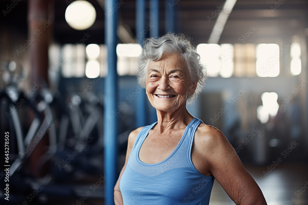 Ageless muscular old woman energetic in the gym during workout in front of treadmills, smiling healthy and happy Ageless muscular old woman energetic in the gym during workout in front of treadmills, smiling healthy and happy