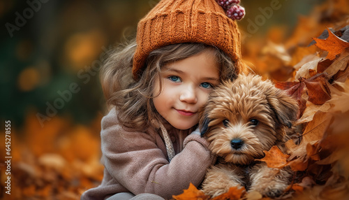 Little girl with her puppy dog. Autumn in the park with golden leaves in the ground. Blurry bokeh background.