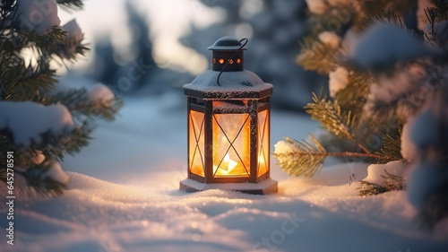 Christmas lantern with fir branch and decoration on snowy table defocused background. Generative Ai © hassanmim2021