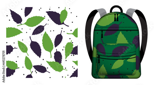 Children school backpack decorated basil grass leaves and seeds seamless pattern. Edible plants, seasoning for delicious food. Vector ornament for design of posters and printing on textile