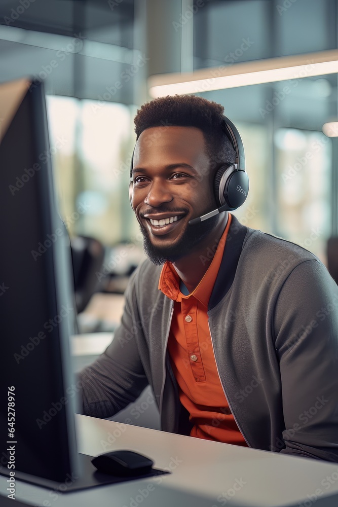 Portrait of a Handsome African Man, Customer Service Operator, Call Center Worker Talking Through Headset with Customer in Modern Office. - obrazy, fototapety, plakaty 