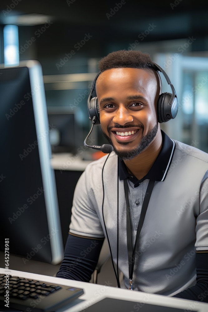 Portrait of a Handsome African Man, Customer Service Operator, Call Center Worker Talking Through Headset with Customer in Modern Office. Portrait of a Handsome African Man, Customer Service Operator, Call Center Worker Talking Through Headset with Customer in Modern Office.