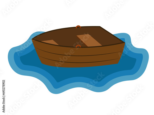 Vector illustration of small wooden boat on blue water.
