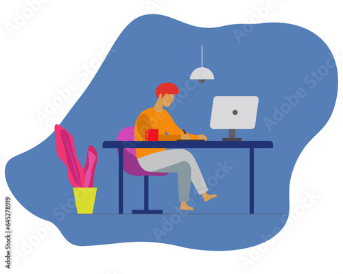 Vector illustration of man working at home with laptop on desk. Concept of work from home. 