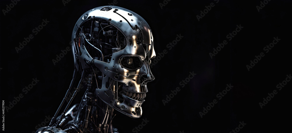 AI cyborg head with menacing metal skin AI cyborg head with menacing metal skin