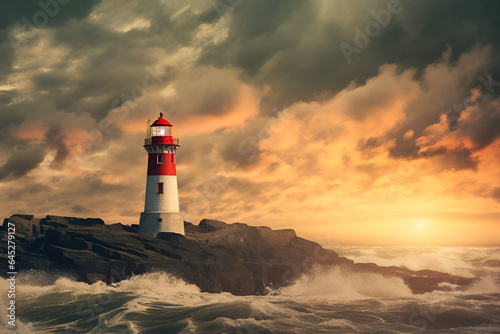 Lighthouse by the ocean at beautiful sunset, seascape