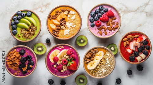 Many vibrant smoothie bowls, top view