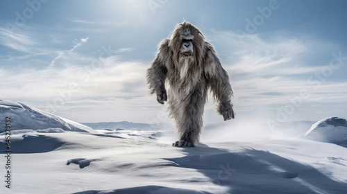 Yeti walking upright in snowy scene photo
