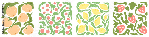 Abstract background with cartoon fruits. Set of cute seamless patterns.