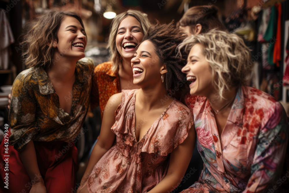 A group of friends of different sizes and backgrounds trying on clothes together, promoting inclusive fashion choices and body positivity. Generative Ai A group of friends of different sizes and backgrounds trying on clothes together, promoting inclusive fashion choices and body positivity. Generative Ai