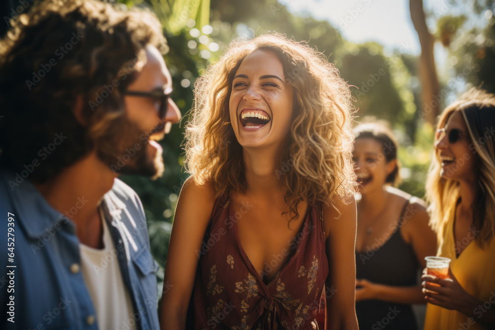 A diverse group of friends laughing together at a picnic in the park. Capture the genuine joy on their faces as they enjoy each other's company. Generative Ai