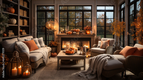 A cozy living room adorned with fall foliage, pumpkins, and lit candles, creating a warm and inviting ambiance for Thanksgiving © Наталья Евтехова