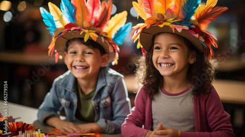 A joyful moment captured as kids engage in Thanksgiving craft activities, making colorful handprint turkeys and paper pilgrim hats