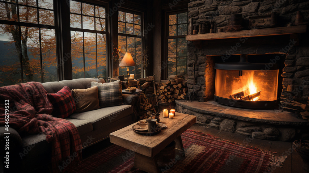 A cozy cabin in the woods with a warm fireplace and plaid blankets, offering a tranquil escape for a Thanksgiving retreat