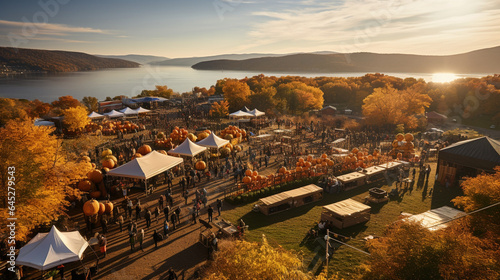 A stunning aerial view of a Thanksgiving harvest festival, showcasing rows of vendor booths, live music, and festive activities