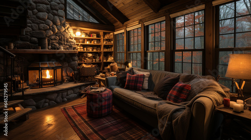 A cozy cabin in the woods with a warm fireplace and plaid blankets  offering a tranquil escape for a Thanksgiving retreat
