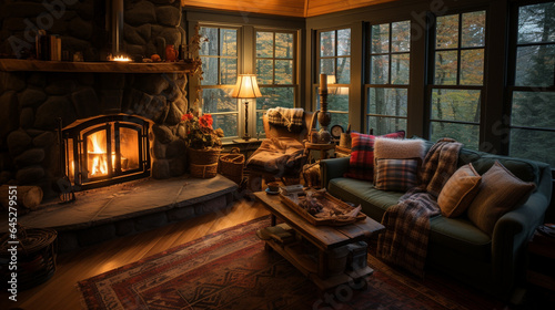 A cozy cabin in the woods with a warm fireplace and plaid blankets, offering a tranquil escape for a Thanksgiving retreat