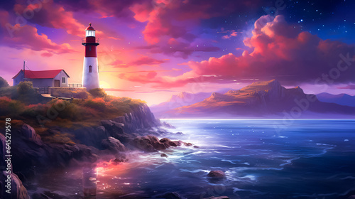 Beautiful sunset with a lighthouse, mountains and sea © Elena