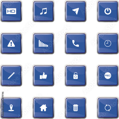 The blue square button has several symbols