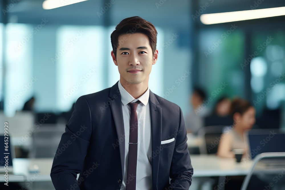 Portrait of a Handsome Businessman in Modern Office, Asian Manager Looking at Camera and Smiling, Confident Male CEO Planning and Managing Company Strategy. Portrait of a Handsome Businessman in Modern Office, Asian Manager Looking at Camera and Smiling, Confident Male CEO Planning and Managing Company Strategy.