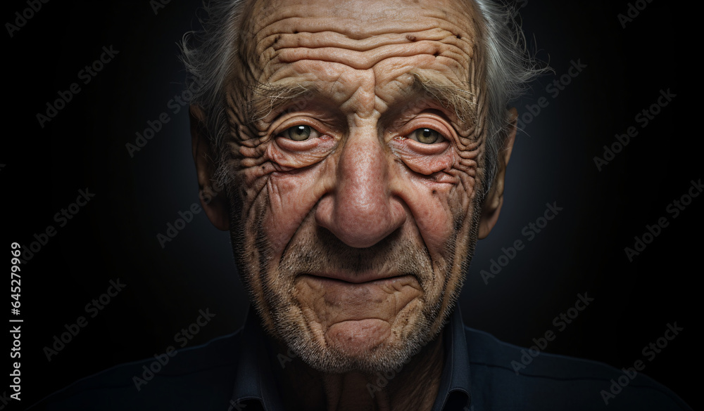 An old senior man with winkles in a smirk expression looking at the camera