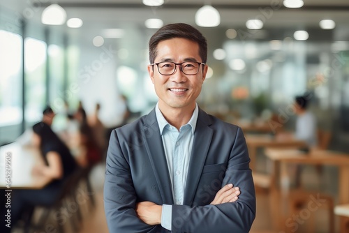 Portrait of a Handsome Businessman in Modern Office, Asian Manager Looking at Camera and Smiling, Confident Male CEO Planning and Managing Company Strategy.