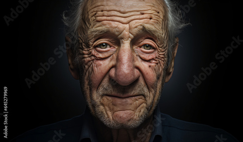 An old senior man with winkles in a smirk expression looking at the camera