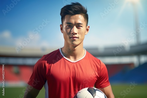 Handsome Asian Soccer Player, Portrait of a Handsome Asian Athlete Male, Sport Man Footballer.