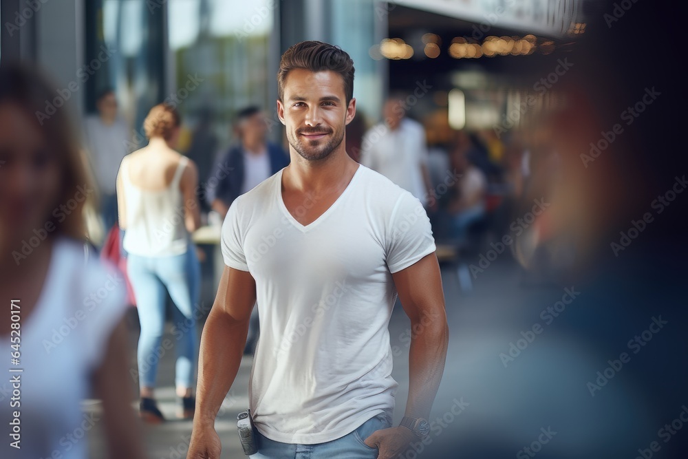 European Man Walking in Modern City, Handsome Europe Guy Walks on a Crowded Pedestrian Street. European Man Walking in Modern City, Handsome Europe Guy Walks on a Crowded Pedestrian Street.