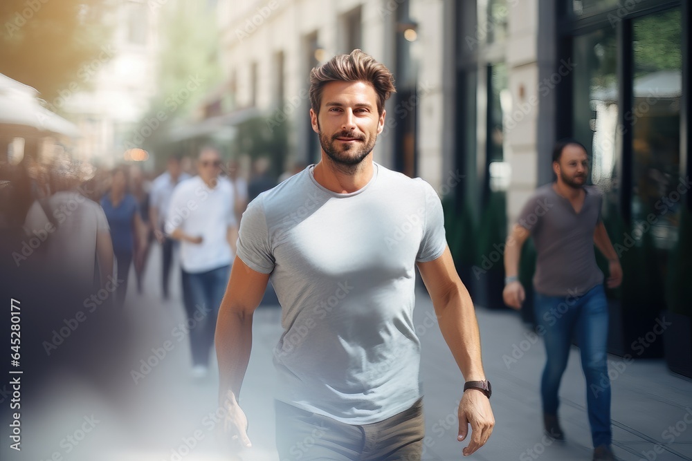 European Man Walking in Modern City, Handsome Europe Guy Walks on a Crowded Pedestrian Street.
