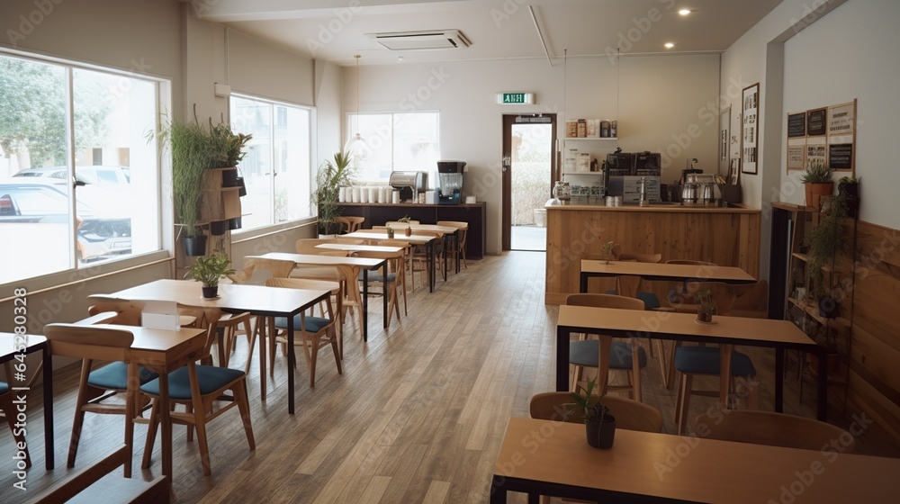 Cozy urban specialty coffee shop with industrial vibe and brick wall 